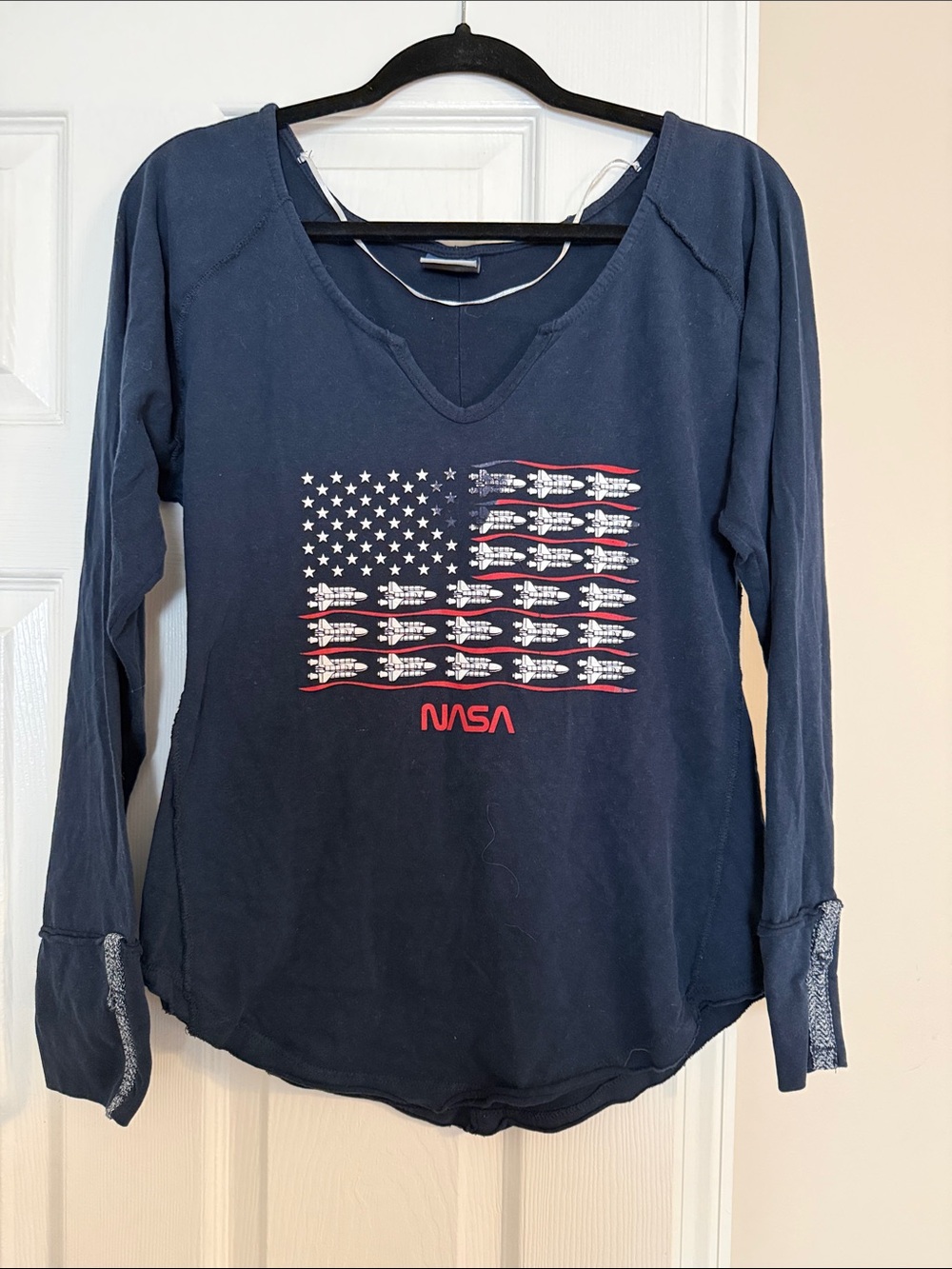 MV Sport Navy Long Sleeve V-Neck Top with Red & White NASA Flag Never worn